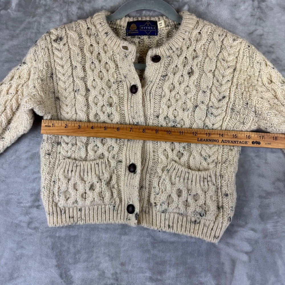 Tivoli Aran Cardigan Kids 3/4 Cream‎ Wool Cable Knit Sweater (1435) - Picture 7 of 9